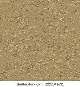 Floral Gold Baroque 3d seamless pattern. Vector embossed grunge background. Repeat emboss backdrop. Surface relief 3d flowers leaves ornament in Baroque style. Textured design with embossing effect.