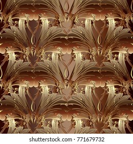 Floral gold baroque vector seamless pattern. Bright damask background. Antique 3d baroque flowers, scrolls, autumn golden leaves, leafy ornaments. Surface 3d wallpaper. Luxury design for fabric, print