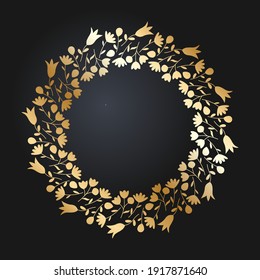 Floral gold border. Round golden frame with wild flowers and tulips. Vector illustration EPS10.