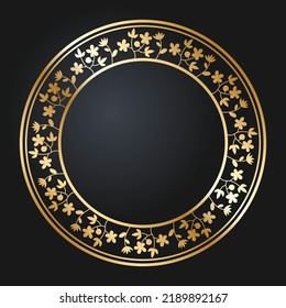 Floral gold border. Round golden frame with wild flowers and tulips. Round frames vector.