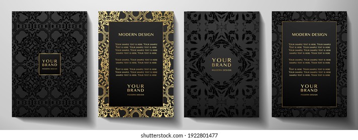 Floral gold curve pattern cover design set. Luxury abstract golden ornament on black background. Premium vector collection for brochure, invite, notebook, menu template