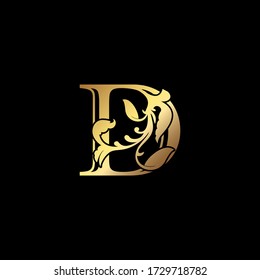 Floral Gold D Luxury Letter Logo,  Elegance Alphabet Vector Nature Leaf Style.