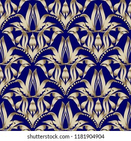 Floral gold Damask vector seamless pattern. Dark blue ornamental vintage background. Baroque antiique style 3d ornament with flowers, leaves, dots. Ornate design for wallpapers, fabric, textile, print