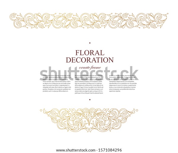 Floral gold decoration, border, frame, vignettes.
Arabic and Eastern motifs. Ornamental illustration, flower garland.
Isolated line art ornaments. Golden ornament with leaves for
invitations, cards.