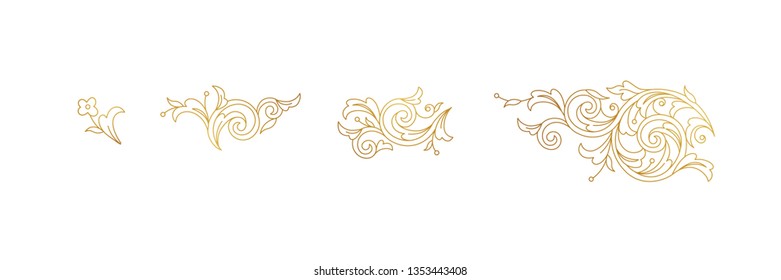 Floral Gold Decoration, Border, Vignettes. Arabic And Eastern Motifs. Ornate Illustration, Flower Garland, Wreath. Outline, Line Art,  Elements. Golden Leaves, Curles For Invitations, Cards, Backdrop.