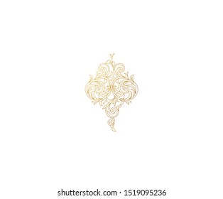 Floral gold decoration, frame, vignette. Arabic and Eastern motifs. Arab ornamental illustration, flower garland. Isolated line art ornaments. Golden ornament with leaves, curls for invitations, cards