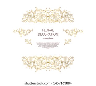 Floral gold decoration, frame, vignettes. Arabic and Eastern motifs. Ornamental illustration, flower garland. Isolated line art ornaments. Golden ornament with leaves, curls for invitations, cards.