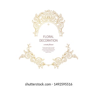 Floral gold decoration, frame, vignettes. Arabic and Eastern motifs. Ornamental illustration, flower garland. Isolated line art ornaments. Golden ornament with leaves, curls for invitations, cards.