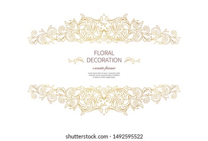 Floral gold decoration, frame, vignettes. Arabic and Eastern motifs. Ornamental illustration, flower garland. Isolated line art ornaments. Golden ornament with leaves, curls for invitations, cards.