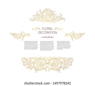 Floral gold decoration, frame, vignettes. Arabic and Eastern motifs. Arab ornamental illustration, flower garland. Isolated line art ornaments.Golden ornament with leaves, curls for invitations, card