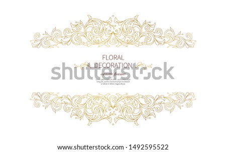 Floral gold decoration, frame, vignettes. Arabic and Eastern motifs. Ornamental illustration, flower garland. Isolated line art ornaments. Golden ornament with leaves, curls for invitations, cards.