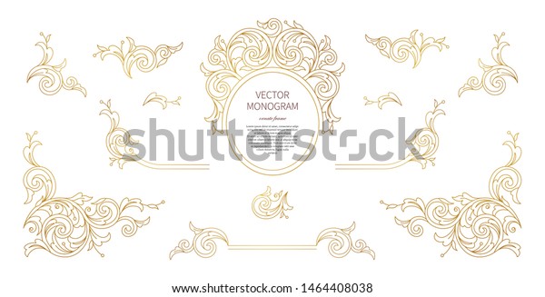 Floral gold decoration, frame, vignettes. Arabic\
and Eastern motifs. Ornamental illustration, flower garland.\
Isolated line art ornaments. Golden ornament with leaves, curls for\
invitations, cards.