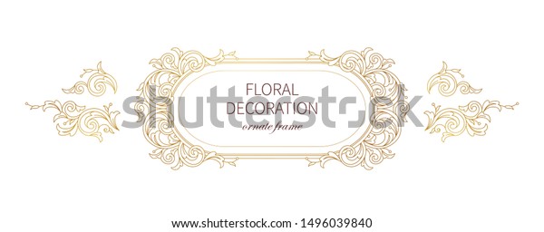 Floral gold decoration, frame, vignettes. Arabic and\
Eastern motifs. Arab ornamental illustration, flower garland.\
Isolated line art ornaments. Golden ornament with leaves, curls for\
invitations, card