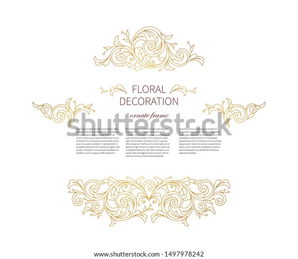 Floral gold decoration, frame, vignettes. Arabic and\
Eastern motifs. Arab ornamental illustration, flower garland.\
Isolated line art ornaments.Golden ornament with leaves, curls for\
invitations, card