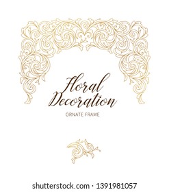 Floral gold decoration, square frame, ornamental border. Arabic and Eastern motifs. Ornate illustration, flower garland. Isolated line art ornaments. Golden ornament with leaves, curls for invitations
