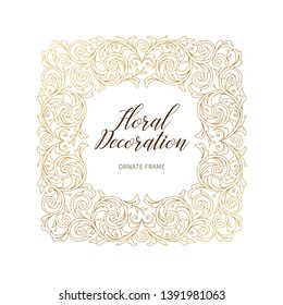 Floral gold decoration, square frame, ornate border. Arabic and Eastern motifs. Ornate illustration, flower garland, wreath. Outline elements. Golden leaves, curles for invitations, cards, background.