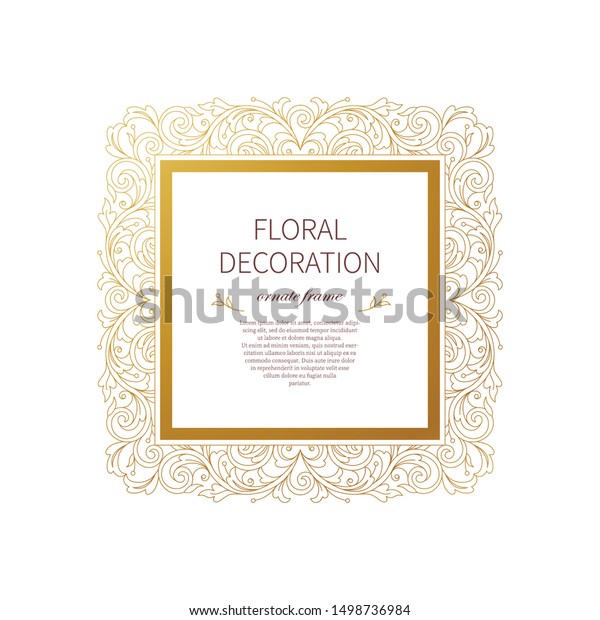 Floral gold decoration, square frame, vignettes.
Arabic and Eastern motifs. Arab ornamental illustration. Isolated
flower line art ornaments. Golden ornament with leaves, curls for
invitations, card