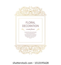 Floral gold frame, decoration, vignette. Arabic and Eastern motifs. Arab ornamental illustration, flower garland. Isolated line art ornaments. Golden ornament with leaves, curls for invitations, cards