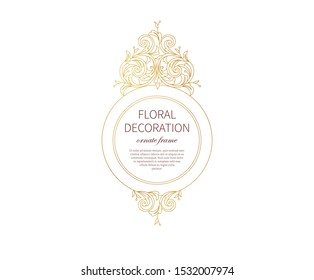 Floral gold frame, decoration, vignette. Arabic and Eastern motifs. Arab ornamental illustration, flower garland. Isolated line art ornaments. Golden ornament with leaves, curls for invitations, cards