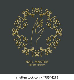 Floral gold frame with hand. Vector elegant emblem perfect for logotype design or labels of nail masters, beauty salon.