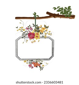 Floral gold frame pink white red flowers on white background. and square table and tree hanging