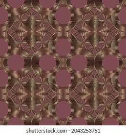 Floral gold lines seamless pattern. Vector ornamental luxury background. Repeat ornate backdrop. Line art fractals, flowers, circles, geometric shapes. Beautiful abstract ornaments. Endless texture.