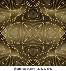 Floral gold lines seamless pattern. Liner flowers ornamental vector background. Repeat modern textured Deco backdrop. Luxury line art flowers. Geometric abstract ornaments. Endless surface texture.