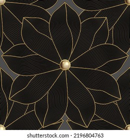 Floral gold lines seamless pattern. Liner fractal flowers vector background. Repeat modern textured Deco backdrop. Luxury line art flowers. Line art ornaments. Endless patterned texture. 3d buttons.