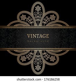 Floral gold ornament on black background, golden vector frame