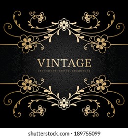 Floral gold ornament on black background, golden vector frame 