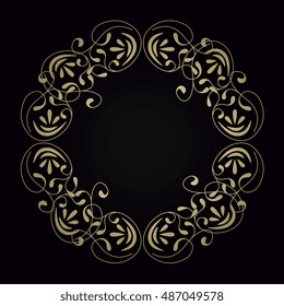 Floral gold ornate frame on black background for greeting or invitation card  or announcement, save the date card. Template ornament flyer. Vintage style.