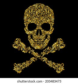 Floral gold  pattern of form skull with crossbones on the black background