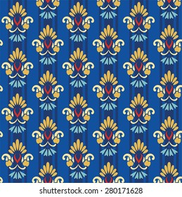 Floral gold pattern on a blue striped background. Decorative seamless pattern with gold flowers on a blue striped background. For printing and textile prints. 