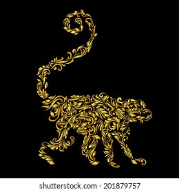 Floral gold pattern of vines in the shape of a monkey on a black background