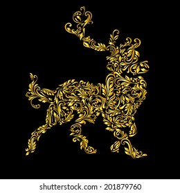 Floral gold pattern of vines in the shape of a deer on a black background