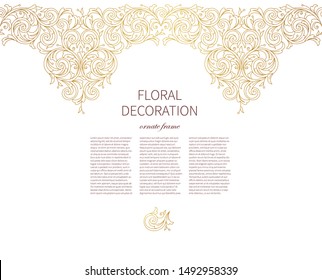 Floral gold seamless border, frame, vignettes. Arabic and Eastern motifs. Ornamental illustration, flower garland. Isolated line art ornaments.Golden ornament with leaves, curls for invitations, card