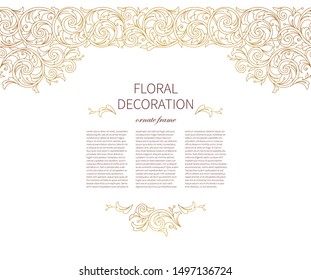 Floral gold seamless border, frame, vignettes. Arabic and Eastern motifs. Ornamental illustration, flower garland. Isolated line art ornaments.Golden ornament with leaves, curls for invitations, card
