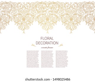 Floral gold seamless border, frame, vignettes. Arabic and Eastern motifs. Ornamental illustration, flower garland. Isolated line art ornaments.Golden ornament with leaves, curls for invitations, card
