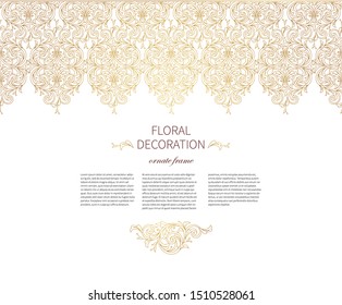 Floral gold seamless border, frame, vignettes. Arabic and Eastern motifs. Ornamental illustration, flower garland. Isolated line art ornaments. Golden ornament with leaves, curls for invitations, card