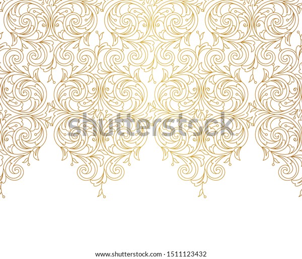 Floral gold seamless border, frame, vignettes.\
Arabic and Eastern motifs. Ornamental illustration, flower garland.\
Isolated line art ornaments. Golden ornament with leaves, curls for\
invitations, card