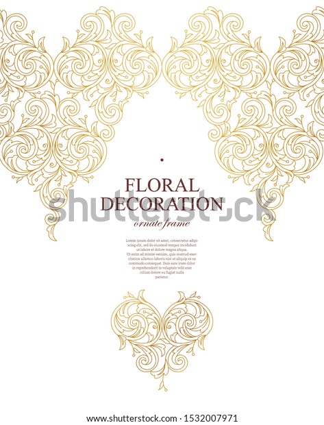 Floral gold seamless border, frame, vignettes.
Arabic and Eastern motifs. Ornamental illustration, flower garland.
Isolated line art ornaments. Golden ornament with leaves, curls for
invitations, card