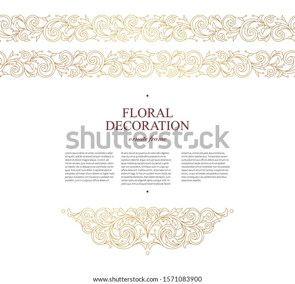Floral gold seamless border, frame, vignettes.\
Arabic and Eastern motifs. Ornamental illustration, flower garland.\
Isolated line art ornaments. Golden ornament with leaves, curls for\
invitation, card.