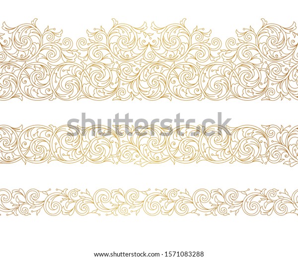Floral gold seamless borders, frame, vignettes.\
Arabic and Eastern motifs. Ornamental illustration, flower garland.\
Isolated line art ornaments. Golden ornament with leaves for\
invitations, cards.