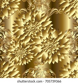 Floral gold seamless pattern. Abstract gold repeating background wallpaper illustration with vintage golden 3d flowers and antique ornaments in Baroque style. Flourish vector luxury texture
