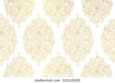 Floral gold seamless pattern. Arabic and Eastern motifs. Ornamental illustration, flower garland. Golden line art ornaments for wallpaper. Traditional ornament, tracery on light background.