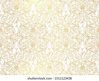 Floral gold seamless pattern. Arabic and Eastern motifs. Ornamental illustration, flower garland. Golden line art ornaments for wallpaper. Traditional ornament, tracery on light background.