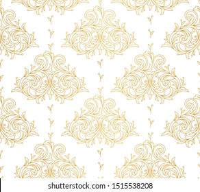 Floral gold seamless pattern. Arabic and Eastern motifs. Ornamental illustration, flower garland. Golden line art ornaments for wallpaper. Traditional ornament, tracery on light background.