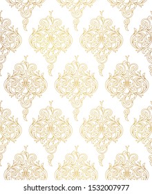 Floral gold seamless pattern. Arabic and Eastern motifs. Ornamental illustration, flower garland. Golden line art ornaments for wallpaper. Traditional ornament, tracery on light background.