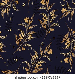 Floral gold seamless pattern. Branch with golden leaves