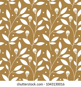 Floral Gold Seamless Pattern with Leaves for Wallpaper, Greeting Card, Gift Box, Textile Printing. Vector Christmas Background.